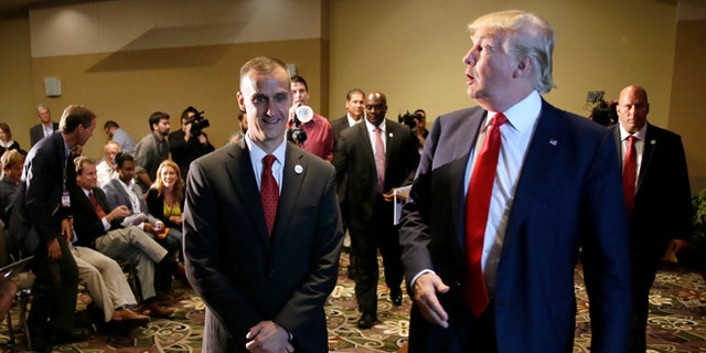 Republican candidate Donald Trump and campaign manager Corey Lewandowski in a 2015 file photo.