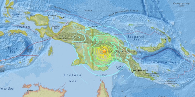 The location of a 7.5 magnitude earthquake in Papua New Guinea on Sunday.