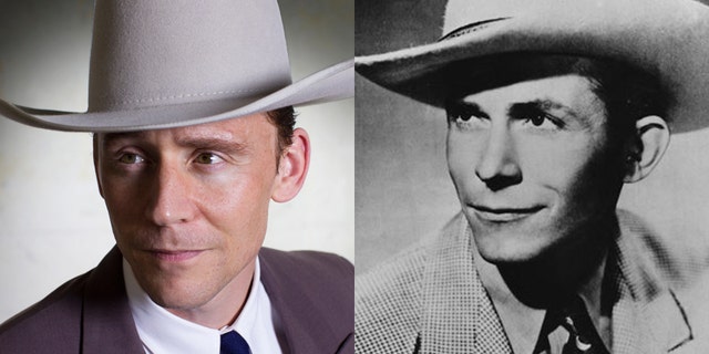 Tom Hiddleston (left) as country legend Hank Williams (right).
