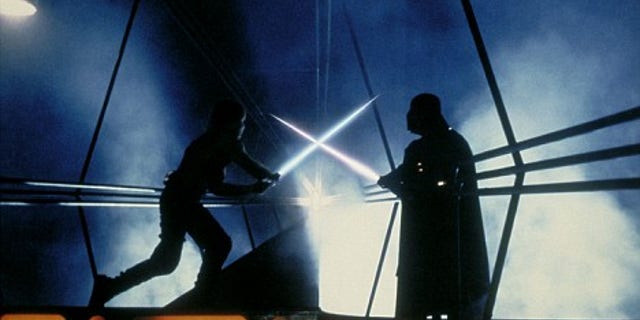 Luke Skywalker engages in a perilous lightsaber duel with Darth Vader in 'Star Wars: Episode V The Empire Strikes Back.'