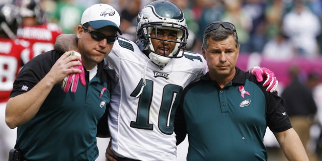 Oct. 17: Philadelphia Eagles' DeSean Jackson is helped from the field after sustaining an injury against the Atlanta Falcons during second quarter of NFL football action in Philadelphia. He was later diagnosed with a concussion.