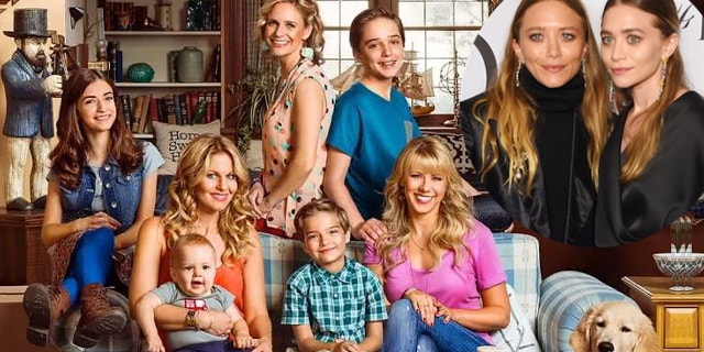 Cast of "Fuller House" and an inset of Mary-Kate and Ashley Olsen.
