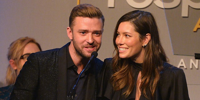 October 23, 2015.  Honorees Justin Timberlake (L) and Jessica Biel accept the Inspiration Award onstage during the 2015 GLSEN Respect Awards at the Beverly Wilshire Four Seasons Hotel in Beverly Hills.