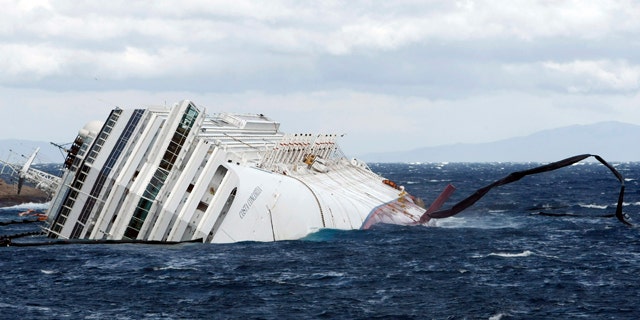 Feb. 1: Anti oil floating barriers are pushed by strong winds around the grounded cruise ship Costa Concordia off the Tuscan island of Giglio, Italy.