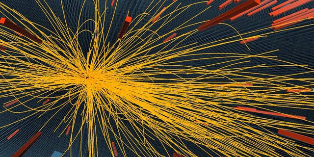 A proton-proton collision at the Large Hadron Collider particle accelerator at CERN laboratory in Geneva that produced more than 100 charged particles.