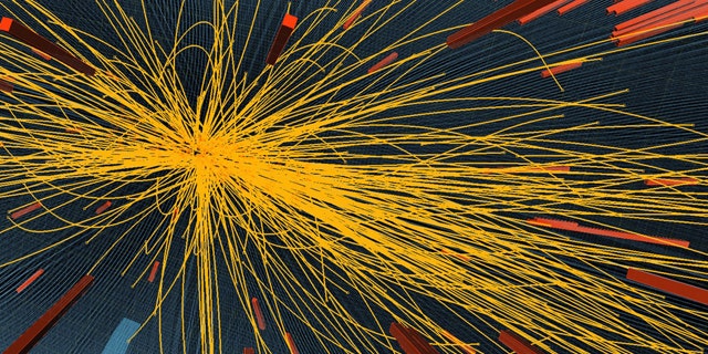 A proton-proton collision at the Large Hadron Collider particle accelerator at CERN laboratory in Geneva that produced more than 100 charged particles.