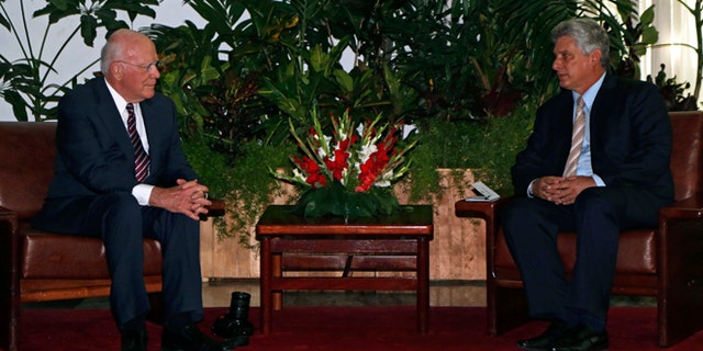 Sen. Patrick Leahy, D-Vt., left, and Cuba's First Vice President Miguel Diaz-Canel Bermudez, sit for a meeting at the Palace of The Revolution in Havana, Cuba, Friday, June 26, 2015. (AP Photo/Desmond Boylan, Pool)