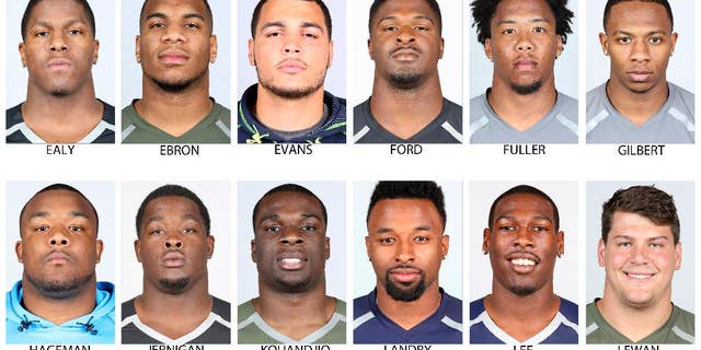FILE - In these photos provided by the NFL, taken at the NFL Combine in Indianapolis in April 2014, NFL Draft prospects are shown. Top row from left are Kony Ealy, Missouri; Eric Ebron, North Carolina; Mike Evans, Texas A&M; Dee Ford, Auburn; Kyle Fuller, Virginia Tech and Justin Gilbert, Oklahoma State . Bottom from left are: Ra'Shese Hageman, Minnesota; Timmy Jernigan, Florida State; Cyrus Kouandjio, Alabama; Jarvis Landry, LSU; Marquise Lee, USC, and Taylor Lewan, Michigan. (AP Photo/NFL) NO SALES