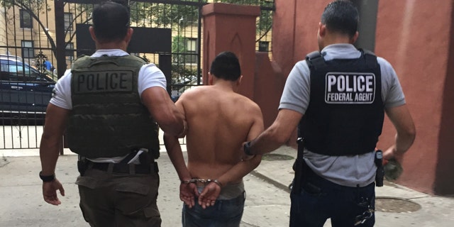ICE officers detain a man during a sweep in New York.