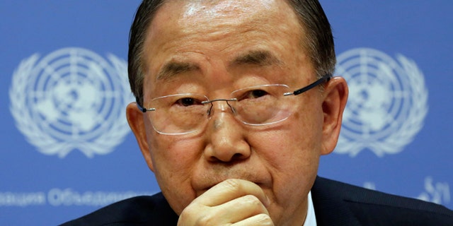 FILE - Sept. 16, 2014: United Nations Secretary General Ban Ki-moon participates in a news conference, at United Nations headquarters.