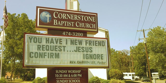 FILE -- In this Sept. 2010 photo, the sign outside Cornerstone Baptist Church displays its message to drivers in Farmington Hills, Mich.