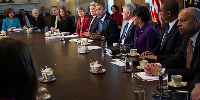 Feb. 3, 2015: President Obama delivers remarks on his budget proposal during a cabinet meeting in the Cabinet Room of the White House.