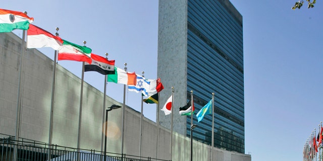 FILE -- Sept. 18, 2007: The flags of member nations fly outside of the United Nations headquarters in New York.