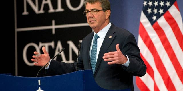 U.S. Secretary of Defense Ash Carter speaks during a media conference after a meeting of NATO defense ministers at NATO headquarters in Brussels on Wednesday, June 15, 2016. NATO concluded a two-day meeting on Wednesday with discussions on the situation in Afghanistan and Ukraine. (AP Photo/Virginia Mayo)