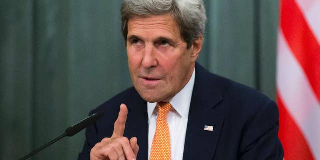 U.S. Secretary of State John Kerry gestures while speaking to the media during his and Russian Foreign Minister Sergey Lavrov news conference following their long talks in Moscow, Russia, Friday, July 15, 2016. Lavrov and other Russian officials have called on their countrymen in Turkey to stay indoors amid uncertainty about whether a military coup is taking place. Lavrov made the statement early Saturday at a news conference with U.S. Secretary of State John Kerry. (AP Photo/Alexander Zemlianichenko)