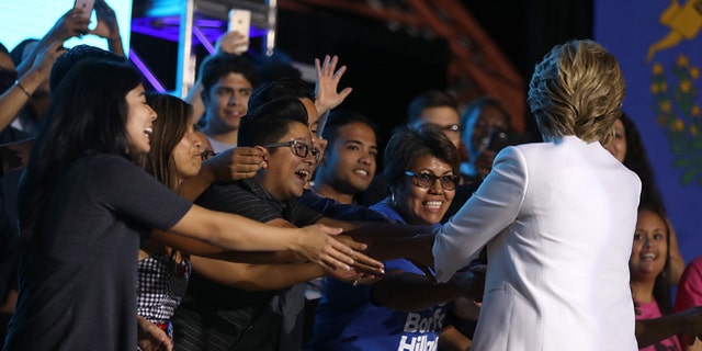 NORTH LAS VEGAS, NV - OCTOBER 19: Democratic presidential nominee Hillary Clinton greets supporters during a debate watch party at Craig Ranch Regional Park Amphitheater following the third U.S. presidential debate at UNLV on October 19, 2016 in North Las Vegas, Nevada. Tonight was the final debate ahead of Election Day on November 8. (Photo by Justin Sullivan/Getty Images)