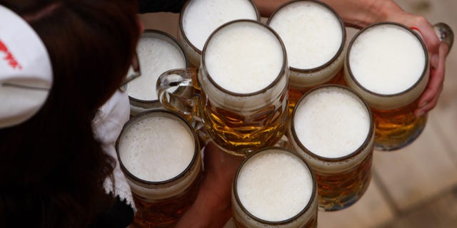 MUNICH, GERMANY - SEPTEMBER 19: A waitress carries beer mugs at the Schottenhamel beer tent on September 19, 2009 in Munich, Germany. Oktoberfest is Germany's and the world largest fair. About six million people attend the sixteen-day festival during late September and early October. (Photo by Miguel Villagran/Getty Images)