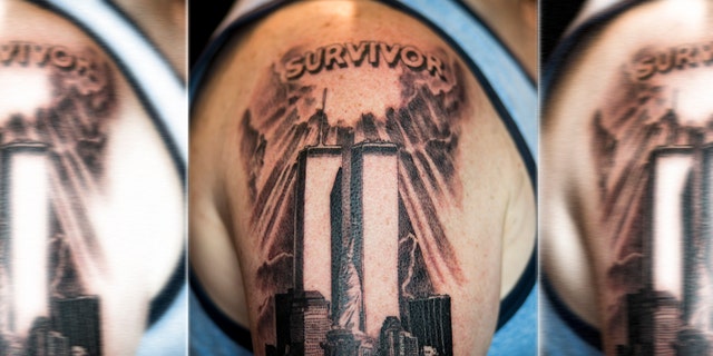 Tom Canavan shows the tattoo, artist Zero, created for him at Healing Ink in New York City.