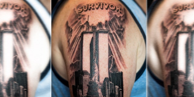 Tom Canavan shows the tattoo, artist Zero, created for him at Healing Ink in New York City.