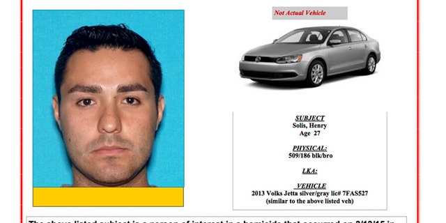 This Internet 'person of interest' message posted online by the Pomona, Calif., Police Department shows Henry Solis. Solis, 27, a rookie Los Angeles police officer, is being sought as a person of interest in connection with a fatal shooting near a bar in Pomona Friday night, March 13, 2015. Solis' Volkswagen Jetta was found in a Pomona alley about four blocks from where Salome Rodriguez Jr. was gunned down Friday when a fistfight turned deadly. Solis has not reported for work since the shooting.(AP Photo/Pomona Police Department)