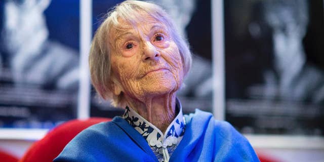 FILE - In this June 29, 2016 photo Brunhilde Pomsel, former secretary of NS propaganda minister Goebbels, attends the premier of the film 'Ein deutsches Leben' (lit. A German Life) in Munich, Germany. Pomsel has died. She was 106.. (Matthias Balk/dpa via AP)