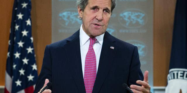 FILE - In this April 13, 2016 file photo, Secretary of State John Kerry presents the 2015 Country Reports on Human Rights Practices, at the State Department in Washington. Kerry is scheduled to deliver the commencement address at Northeastern University. Kerry will speak to an expected audience of 25,000 students, family members and school officials at the graduation ceremony on Friday, May 6, 2016. ( AP Photo/Jose Luis Magana, File)