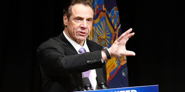 New York Gov. Andrew Cuomo delivers his 2018 executive state budget proposal during a news conference at the Clark Auditorium in Albany, N.Y., Tuesday, Jan. 16, 2018. (AP Photo/Hans Pennink)
