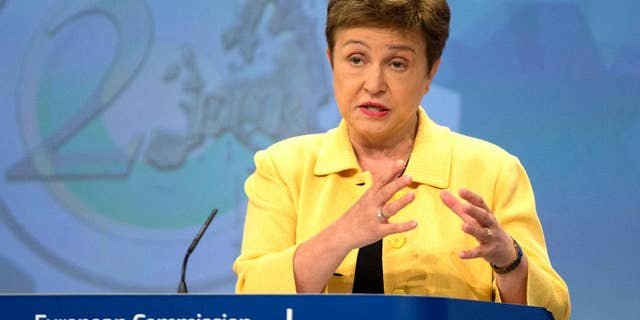 FILE - In this Wednesday, May 27, 2016 file photo, European Commissioner for Budget Kristalina Georgieva speaks during a media conference at EU headquarters in Brussels. Georgieva of Bulgaria, the latest candidate to be the next secretary-general, European commissioner, will appear before the U.N. General Assembly on Monday to answer questions from member states. Georgieva, a former World Bank vice president, entered the race after Bulgarian Prime Minister Boiko Borisov announced Wednesday that the government was switching its support from UNESCO chief Irina Bokova to her. (AP Photo/Virginia Mayo, File)