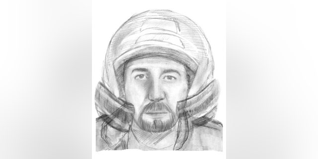 This handout picture released on Nov. 4, 2013, by the SIRPA Gendarmerie, shows a sketch of a motorcyclist wanted in connection with the murders of four people in the Alps last year. Police investigating the shooting deaths of a British man killed along with three other people in the French Alps in September 2012, have released an artist's impression of a male motorcyclist they would like to track down. (AP Photo/French Gendarmerie)