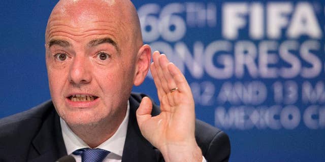 FIFA President Gianni Infantino gives a press conference following the closing of the 66th FIFA Congress in Mexico City, Friday, May 13, 2016. FIFA's corruption crisis was declared to be over by Infantino on Friday as the scandal-battered governing body broke new ground by appointing a Senegalese United Nations official as its first female and first non-European secretary general. (AP Photo/Rebecca Blackwell)