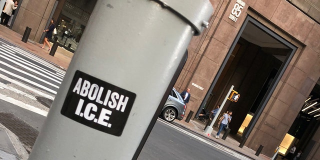 An "Abolish ICE" sticker in New York City on Tuesday.