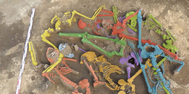 The excavation of the mass grave of Halberstadt revealed the remains of nine bodies, shown here in different colors. Credit: Copyright LDA Sachsen-Anhalt/Christian Meyer