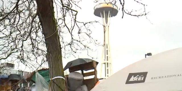 The encampment is a half-block from Seattle's famed Space Needle.