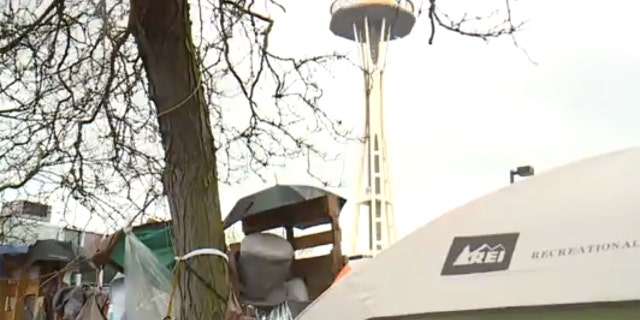 The encampment is a half-block from Seattle's famed Space Needle.