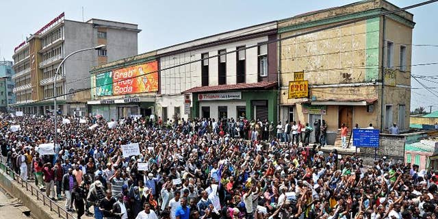 Thousands of Ethiopian opposition activists demonstrate in Addis Ababa on June 2, 2013