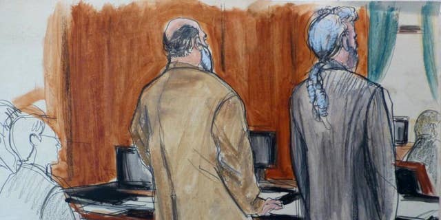 In this courtroom sketch, Sulaiman Abu Ghaith, center, in beige suit,  stands next to his defense attorney Stanley Cohen Monday, March 3, 2014 during jury selection at the start of Abu Ghaith's trial in New York on charges that he conspired to kill Americans and support terrorists in his role as al-Qaida's spokesman after the Sept. 11 attacks. Abu Ghaith is Osama bin Laden's son-in-law and is  the highest-ranking al-Qaida figure to face trial on U.S. soil since the Sept. 11 attacks. (AP Photo/Elizabeth Williams)