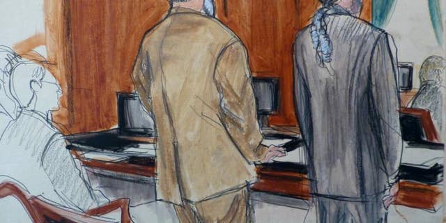 In this courtroom sketch, Sulaiman Abu Ghaith, center, in beige suit, stands next to his defense attorney Stanley Cohen Monday, March 3, 2014 during jury selection at the start of Abu Ghaith's trial in New York on charges that he conspired to kill Americans and support terrorists in his role as al-Qaida's spokesman after the Sept. 11 attacks. Abu Ghaith is Osama bin Laden's son-in-law and is the highest-ranking al-Qaida figure to face trial on U.S. soil since the Sept. 11 attacks. (AP Photo/Elizabeth Williams)