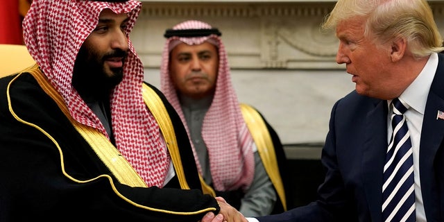 President Trump shaking hands with Saudi Crown Prince Mohammed bin Salman at the White House in March.