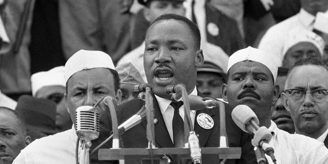 Dr. Martin Luther King Jr. delivers his "I Have a Dream" speech at the Lincoln Memorial on Aug. 28, 1963, during the March on Washington. (AP Photo/File)