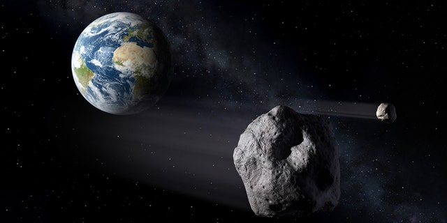 An artist's illustration of asteroids, or near-Earth objects.