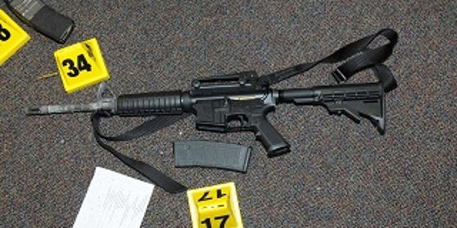 An AR-15 rifle found at the scene of the Sandy Hook Elementary shooting in 2012. The shooting killed 20 children and six educators.