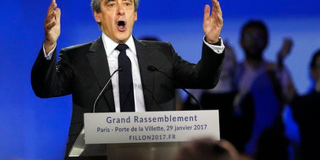 Jan. 29, 2017: French Conservative presidential candidate Francois Fillon makes a speech during a campaign meeting in Paris.