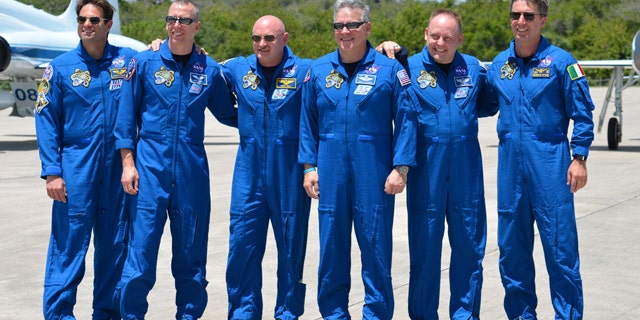 The space shuttle Endeavour's STS-134 crew arrives at NASA's Kennedy Space Center in Florida.