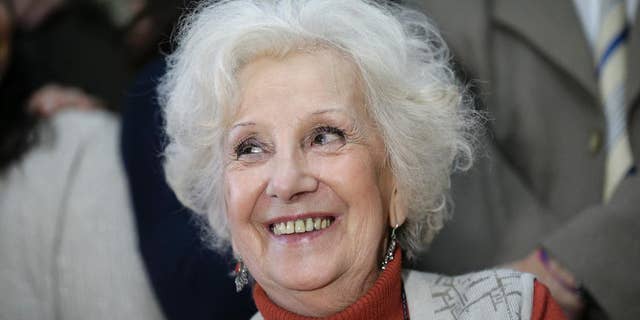 Estela de Carlotto, president of Grandmothers of Plaza de Mayo smiles during a news conference in Buenos Aires, Argentina, Tuesday, August 5, 2014. Carlotto, one of the most prominent human rights activists in Argentina, has located the grandson born to her daughter Laura in captivity during the military dictatorship that ruled Argentina from 1976-1983. Laura was kidnapped and killed by the military in August 1978. (AP Photo/Victor R. Caivano)