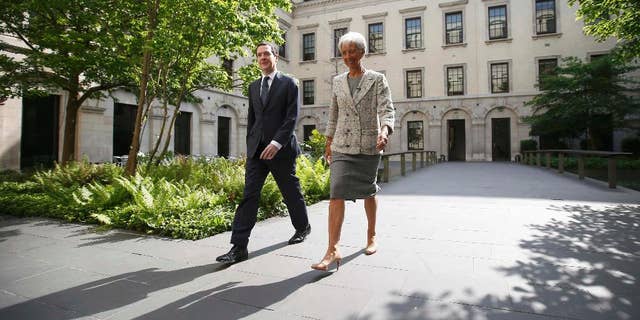 Managing Director of the International Monetary Fund Christine Lagarde meets with Britain's Chancellor George Osborne, prior to a press conference, in London, Friday, May 13, 2016. London's status as a global financial center could be eroded should Britain vote to leave the European Union in a June 23 referendum, the International Monetary Fund warned Friday. (Peter Nicholls/Pool photo via AP)