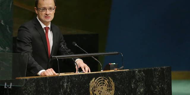 Hungary's Foreign Minister Peter Szijjarto addresses the 70th session of the United Nations General Assembly Oct. 3, 2015, at U.N. Headquarters.