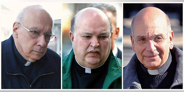 FILE - This combination of file photos from March 18, 2016, shows Giles Schinelli, left, Anthony Criscitelli, center, and Robert D'Aversa, right, when the three Franciscan friars were arraigned on charges of child endangerment and criminal conspiracy at a district magistrate in Hollidaysburg, Pa. Blair County, Pa., Judge Jolene Kopriva scheduled a Thursday, April 27, 2017, hearing after attorneys for Schinelli, Criscitelli and D'Aversa asked for the dismissal of charges that the friars didn't properly supervise a suspected sexual predator accused of molesting more than 100 children, most at a Pennsylvania high school, the Altoona Mirror reported Thursday, April 20. (AP Photo/Keith Srakocic, File)