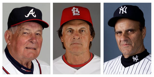 FILE - From left are Atlanta Braves manager Bobby Cox in 2010, St. Louis Cardinals manager Tony La Russa in 2011 and New York Yankees manager Joe Torre in 2007. Cox,La Russa and Torre were among the candidates considered by the Hall of Fame's expansion era committee in voting scheduled to be announced Monday, Dec. 9, 2013. The trio of retired managers was joined on the 12-man ballot by a pair of much-debated figures who died in recent years: New York Yankees owner George Steinbrenner and pioneering players' union head Marvin Miller. (AP Photo/File)