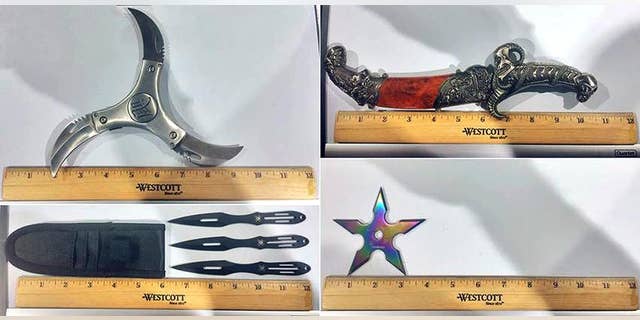 This May 9, 2016 panel of photos released by the Transportation Security Administration shows a dagger and several martial arts weapons confiscated at at TSA checkpoint Saturday, May 7, 2016 at LaGuardia Airport in New York. A resident of New Haven, Conn., was arrested. The TSA has not released his identity. (Transportation Security Administration via AP)