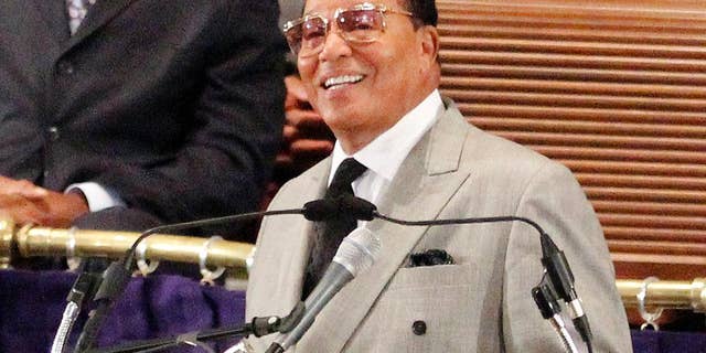 FILE - In this June 24, 2015 file photo, Nation of Islam leader Louis Farrakhan speaks at the Metropolitan AME Church in Washington. Farrakhan spoke of his own history with Muhammad Ali on Sunday, June 12, 2016 in Chicago, recounting the boxer's courage both in the ring and out of it, but lamenting the late heavyweight champion's shift toward mainstream Islam. (AP Photo/Glynn A. Hill File)